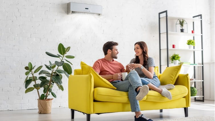 Pareja disfrutando del aire acondicionado en un salón con plantas