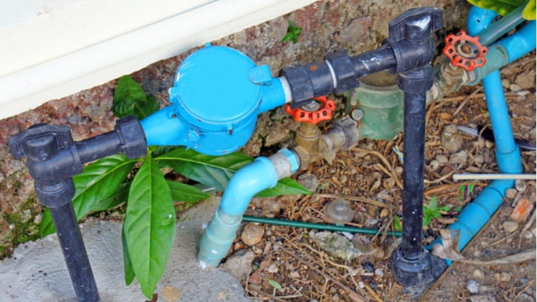 Contador de agua individual ubicado en un jardín