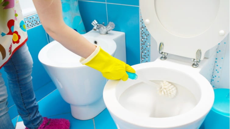 Manos de mujer con guantes limpiando el interior del WC con una escobilla